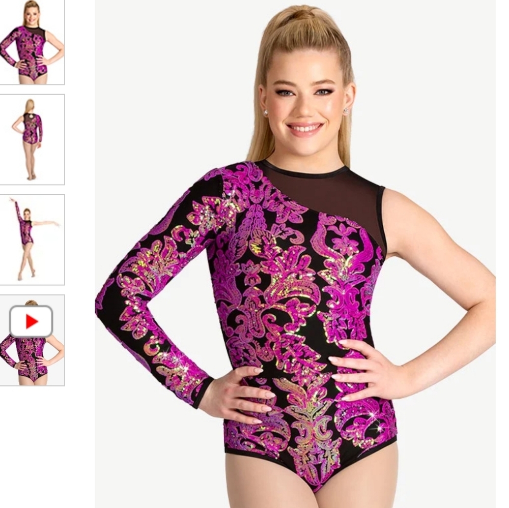 NWT Womens Asymmetrical Sleeve Sequin Performance Leotard Adult XL